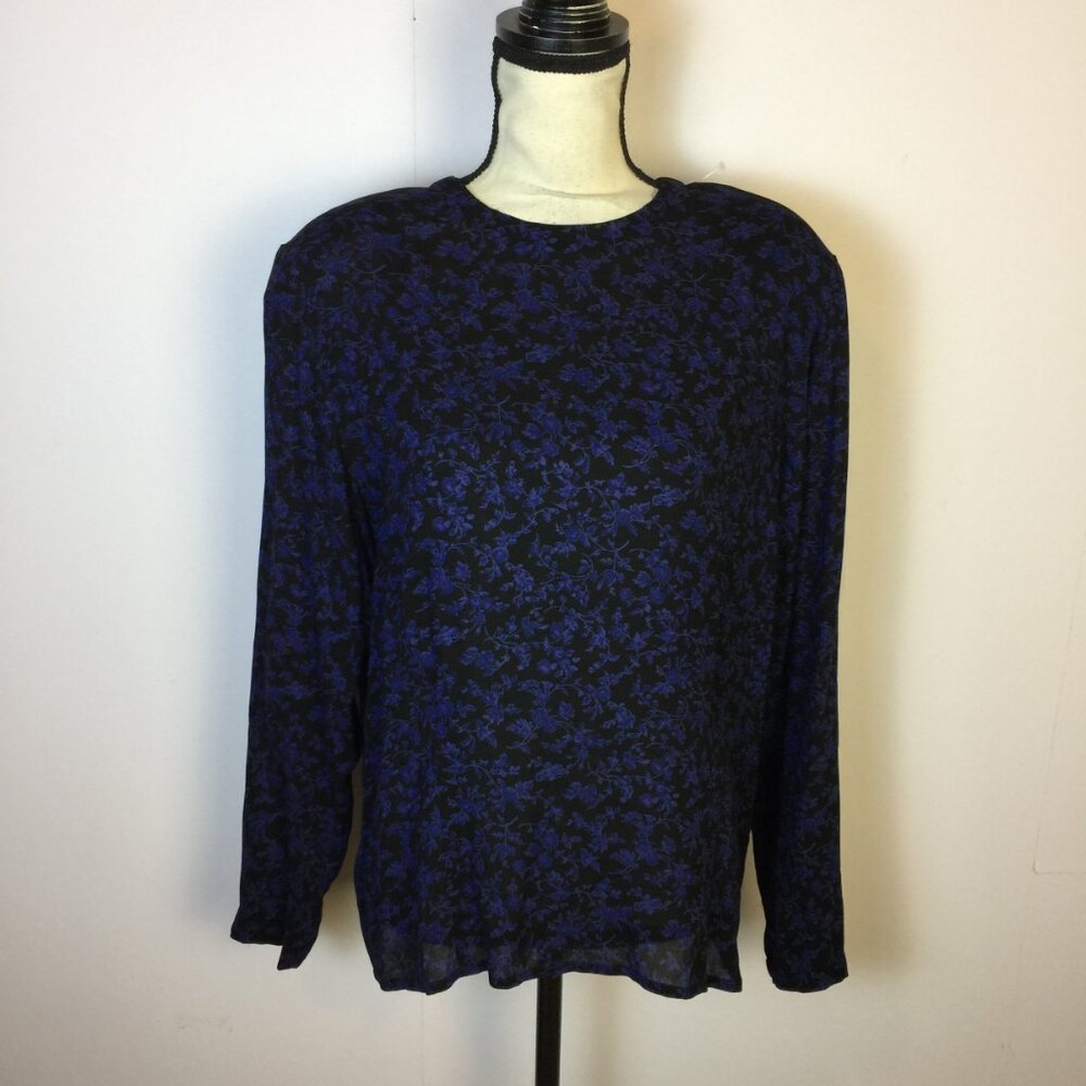 Vintage Jones New York Blouse Shirt Sz 10 Womans Black Purle Floral Long Sleeve